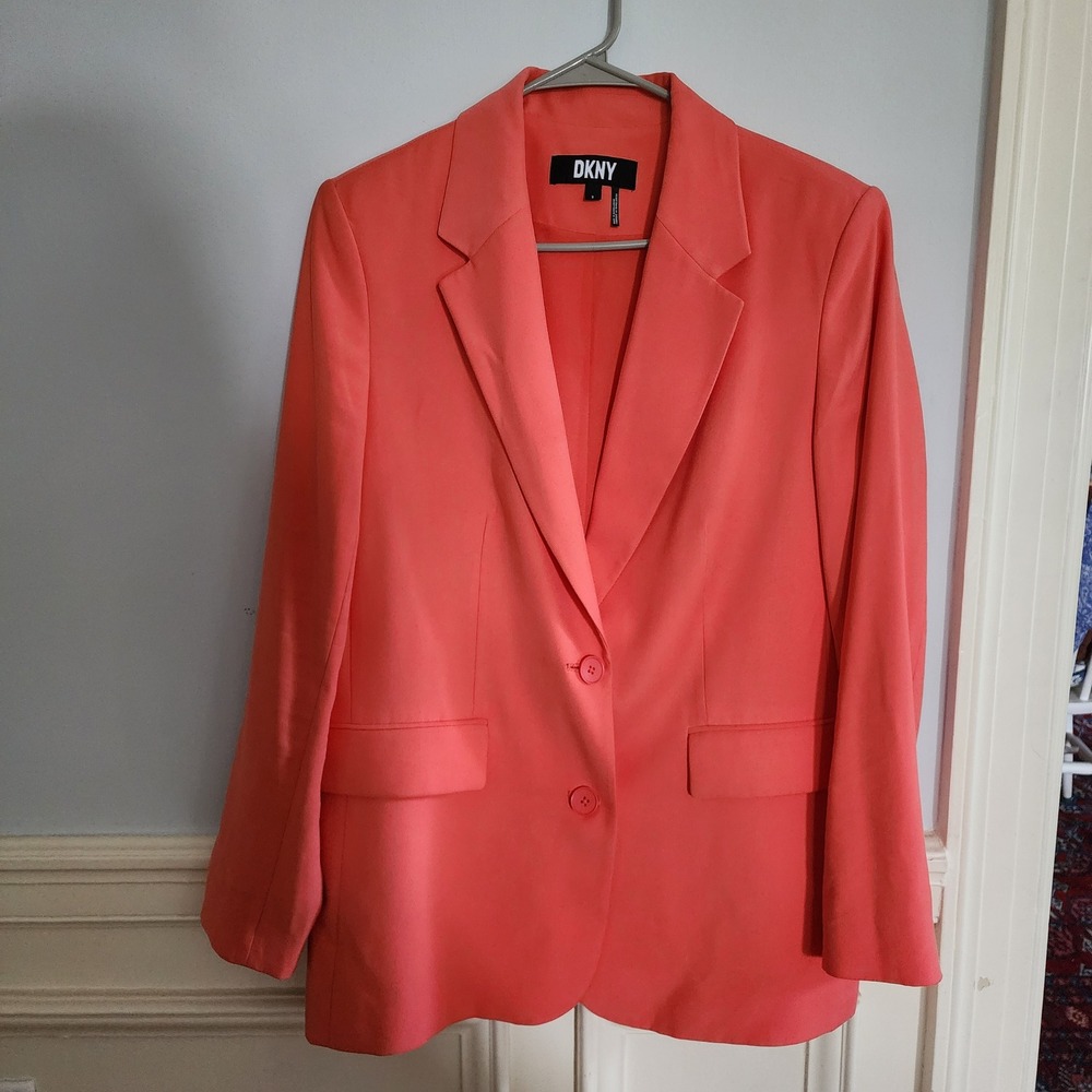 DKNY Coral Orange Notch Collar Pockets Blazer Jacket Women Size S - Picture 2 of 6